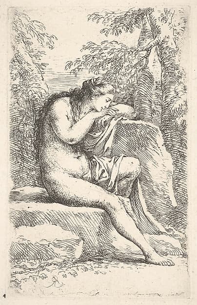 A semi-nude woman seated resting her head on a rock, from the series 'Figurine'