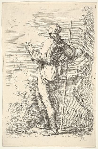 A warrior shown from behind holding a staff and leaning on a rock, from the series 'Figurine'