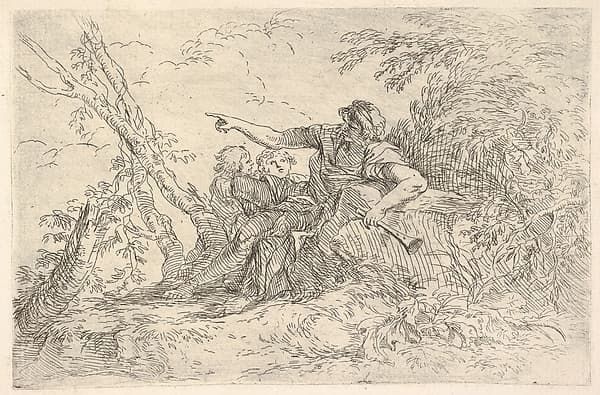 Male figure holding a flute reclining on a rock and pointing over the heads of two children, from "The Triton Group"