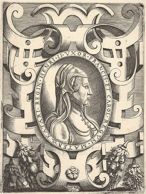 Bust profile portrait of Catherine de' Medici in an ornamented frame,from 'Portraits of some princes and illustrious people' ('Ritratti di alcuni prencipi, et huomini illustri'; also titled 'Imagines quorundam principum et illustrium virorum'), published by Bolognino Zaltieri in Venice in 1568