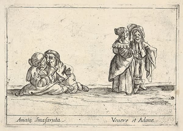 Callot figures; two seated dwarf lovers to left, the woman holding a fan, an old dwarf woman, in profile towards the right, standing with a dwarf man with long hair to right, from 'Six grotesques' (Six pièces de figures grotesques)