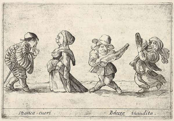 Callot figures; a well-dressed dwarf man to left declaring his love to an old dwarf woman to left, a dwarf man playing the guitar and a dwarf woman dancing with a tambourine to right, from 'Six grotesques' (Six pièces de figures grotesques)