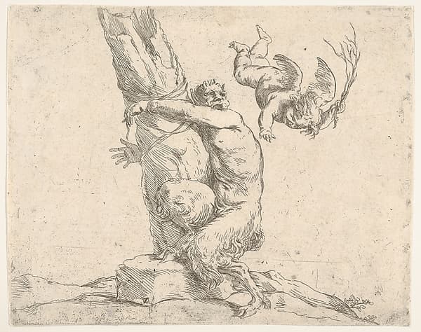 A winged putto flogging a satyr tied to a tree
