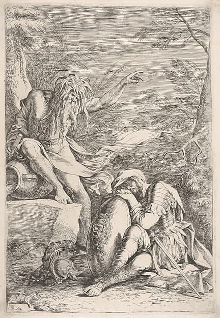 Dream of Aeneas, Aeneas rests on his shield, while the river god Tiber points upward