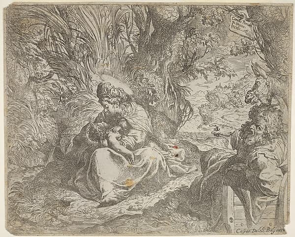 Rest on the flight into Egypt, the Virgin seated on grass in a grove with the Christ Child in her lap, at right Joseph reclines and points toward them, a donkey beyond Joseph