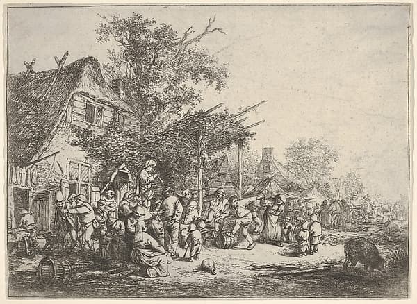 A group of figures dancing under a trellis attached to a house, a standing figure carrying a drum and holding a horn to his mouth, surrounded by onlookers, a lane with houses and carriages beyond