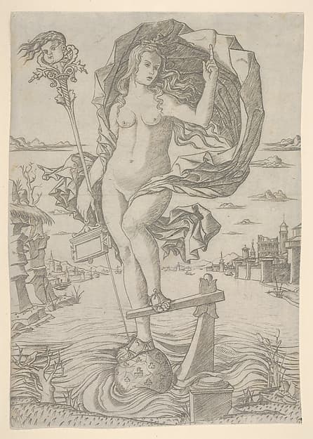 A naked female figure representing Fortune
