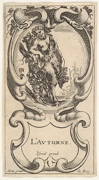 Autumn, a satyr with his right arm on top of a tree trunk on which a vine is growing and carrying grapes in his left hand, within a cartouche decorated with grapes, from 'The four Seasons' (Les quatre Saisons)