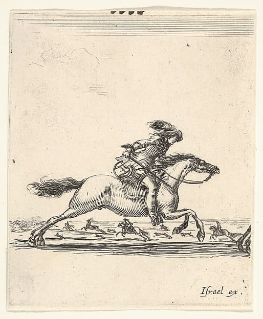 A horseman with sword in hand galloping towards the right, other horsemen galloping towards the left in the background, from 'Various cavalry exercises' (Diverses exercices de cavalerie)