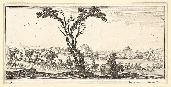 Plate 5: a procession of horsemen crossing a river, a tree at center, from 'Troops, cannons, and attacks on towns' (Dessins de quelques conduites de troupes, canons, et ataques de villes)