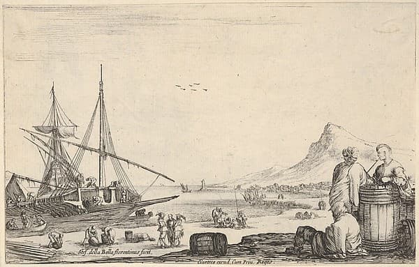 A ship disembarking to left, two galley slaves stand and one sits next to a barrel to right, various other figures on the shore, a mountain to right in the background, from 'Varie figure'