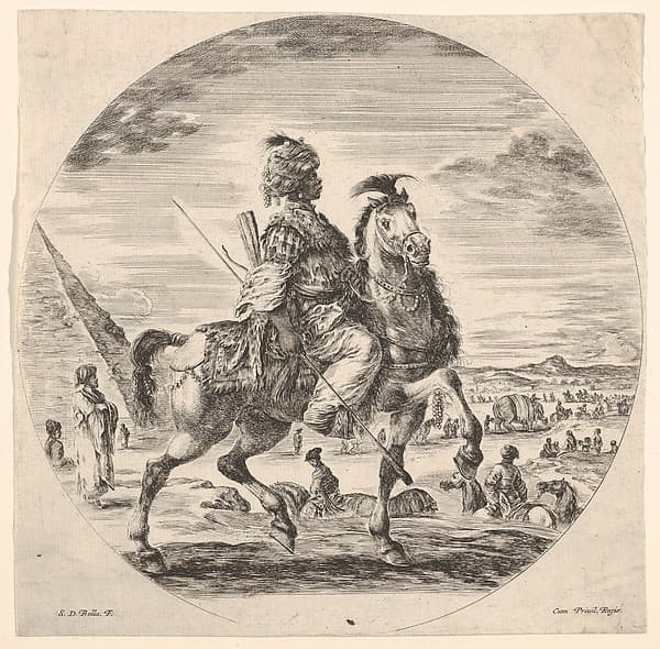 Moorish horseman in profile facing right, in the background a pyramid at left, many figures and an elephant, from 'Figures on Horseback' (Cavaliers nègres, polonais et hongrois)