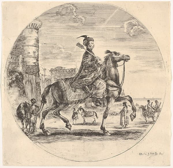 Polish horseman in profile facing right, a tower and other figures on horses in background, a circular composition, from 'Figures on Horseback' (Cavaliers nègres, polonais et hongrois)