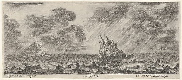 Water, a ship at sea during a storm, from 'The four elements' (Les quatre Eléments)