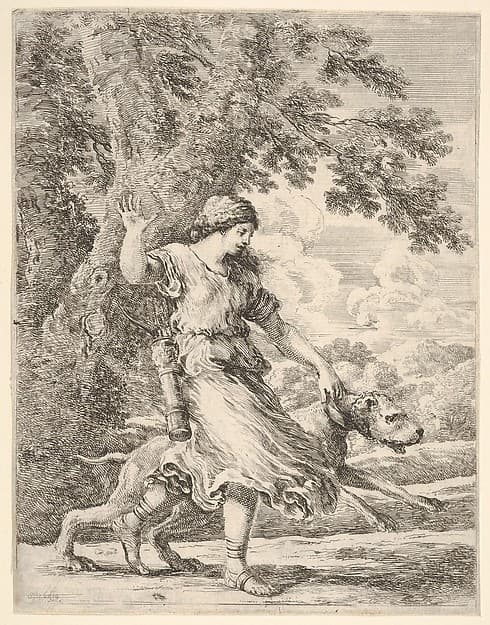 A nymph holding a large dog by the collar, or 'La belle chasseresse'