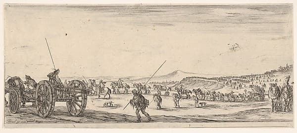 A procession of horsemen and cannons in the middle ground walking to the left, a cannon and two men to left, from 'Peace and War' (Divers desseins tant pour la paix que pour la guerre)
