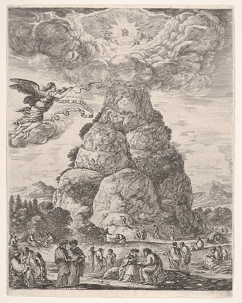 Rock of the Philosphers, or Mount Parnassus, many ancient philosophers gathered in groups at the base of the mountain in the foreground, Diogenes in his barrel to right and Archimedes in center studying an armillary sphere in the middleground, an angel in the sky to left, the mountain in the background, a large cloud at the top of the mountain with the assembly of the gods