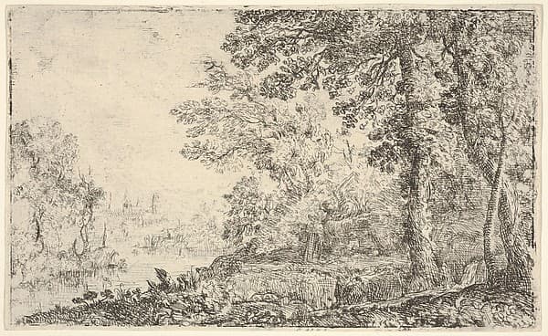 A landscape with a monk and an angel in the center, a town to the left (The Vision)