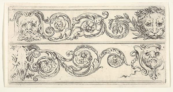 Plate 5: two friezes; at top, a grotesque head of an old man to left, a lion head to right, at bottom, a ram skull to left, a grotesque head of a man to right, from 'Friezes, foliage, and grotesques' (Frises, feuillages et grotesques)