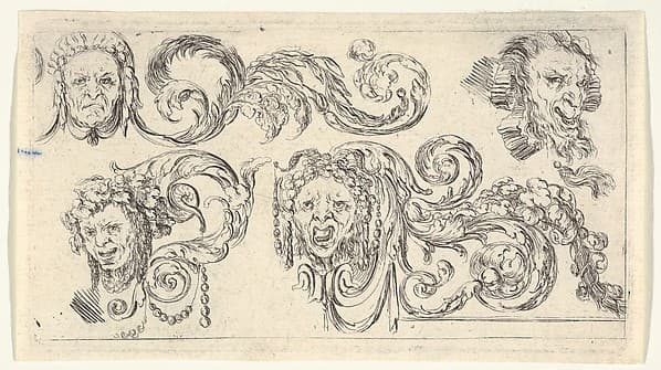 Plate 8: four grotesque heads with scrollwork, from 'Friezes, foliage, and grotesques' (Frises, feuillages et grotesques)