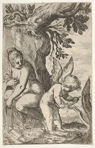 Cupid carves a wooden bow with a file, with his back turned toward Venus, from "Sport of Love" (Scherzi d'amore)