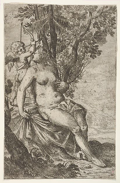 Cupid prepares to shoot an arrow as Venus looks over her right shoulder, from "Sport of Love" (Scherzi d'amore)
