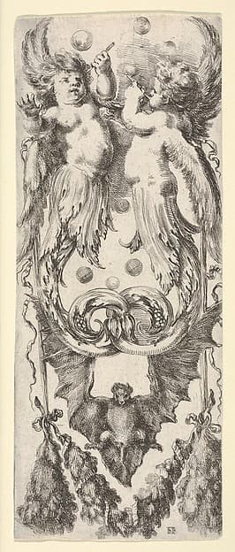 Two putti above, their legs ending in scrollwork, a bat below, from 'Ornaments or Grotesques' (Ornamenti o Grottesche)
