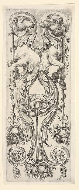 Two camels, their bodies turning into decorative leaves and scrollwork, from 'Ornaments or Grotesques' (Ornamenti o Grottesche)