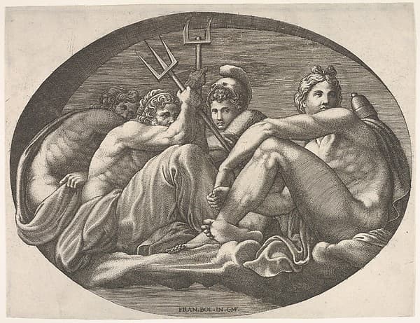 Apollo, Neptune, Pluto, and Athena seated on a cloud under an arch, an oval composition, from a series of eight compositions after Francesco Primaticcio's designs for the ceiling of the Ulysses Gallery (destroyed 1738-39) at Fontainebleau