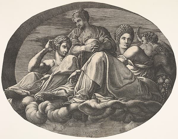 Juno and two goddesses reclining on clouds with two child figures and fruits at right, an oval composition, from a series of eight compositions after Francesco Primaticcio's designs for the ceiling of the Ulysses Gallery (destroyed 1738-39) at Fontainebleau