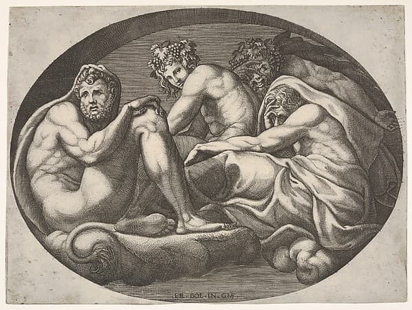 Hercules, Bacchus, Pan, and another god seated on a cloud under an arch, an oval composition, from a series of eight compositions after Francesco Primaticcio's designs for the ceiling of the Ulysses Gallery (destroyed 1738-39) at Fontainebleau