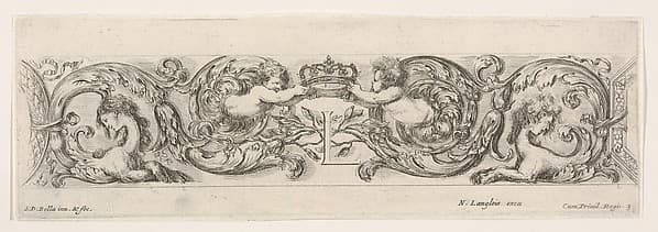 Design for a Frieze with Two Putti holding a crown over the letter, 'L' (for Louis XIV?), Plate 3 from: 'Decorative friezes and foliage' (Ornamenti di fregi e fogliami)