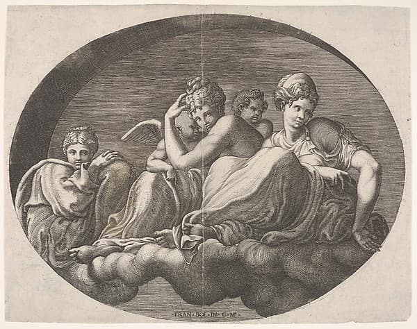 Venus and Cupid and two other goddesses seated on a cloud under an arch and accompanied by a putto, an oval composition, from a series of eight compositions after Francesco Primaticcio's designs for the ceiling of the Ulysses Gallery (destroyed 1738-39) at Fontainebleau