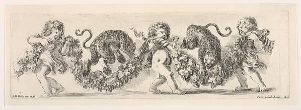 Design for a Frieze with Three Putti holding a Garland and Two Leopards jumping over it, Plate 16 from: 'Decorative friezes and foliage' (Ornamenti di fregi e fogliami)