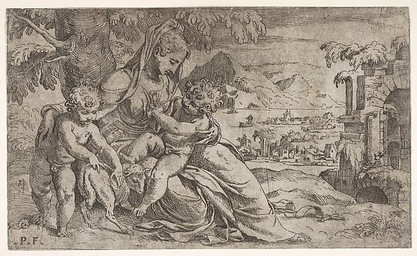 Seated Virgin and Child with Saint John the Baptist and a lamb on a hillside