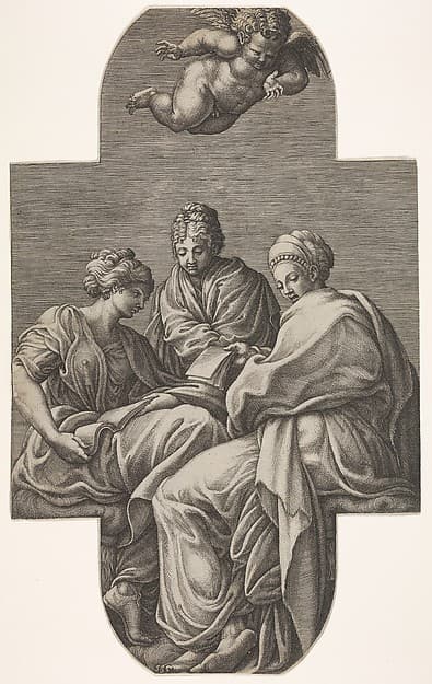 Three Muses seated underneath a flying putto who gestures downward, a cruciform composition, from a series of eight compositions after Francesco Primaticcio's designs for the ceiling of the Ulysses Gallery (destroyed 1738-39) at Fontainebleau
