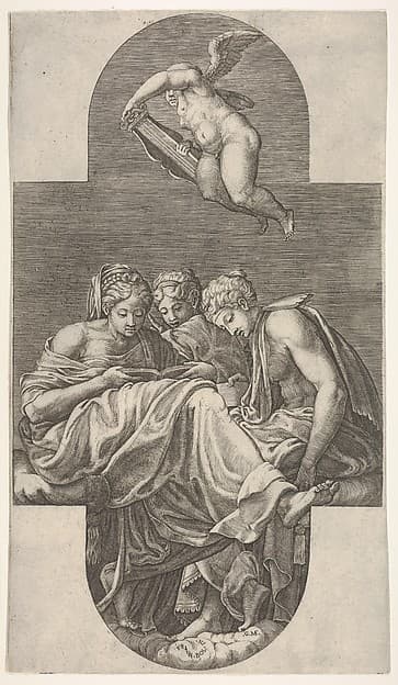 Three Muses seated below a flying putto who grasps a lyre with both hands, a cruciform composition, from a series of eight compositions after Francesco Primaticcio's designs for the ceiling of the Gallery of Ulysses (destroyed 1738-39) at Fontainebleau