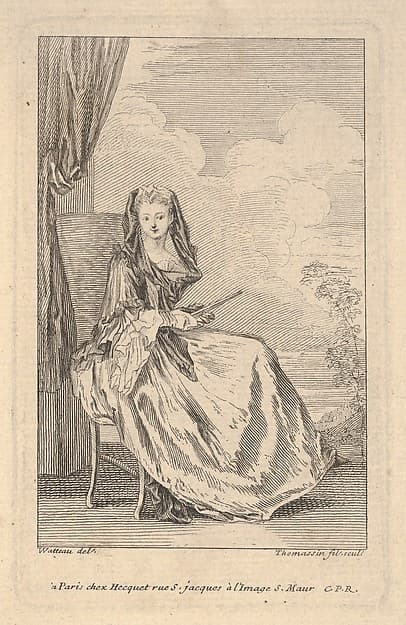 A seated woman holding a closed fan before a drawn curtain, a tree and sky beyond