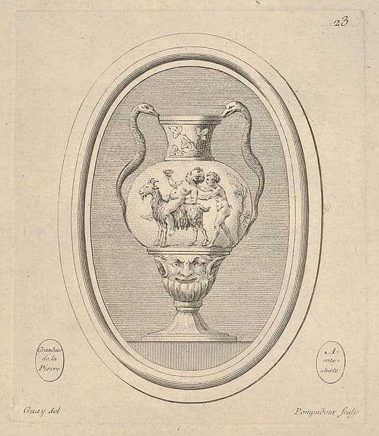 Vase with mask, a nude cup-bearing figure riding a goat followed by a satyr, and reptile handles, an oval composition