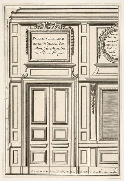Door and Part of the Wall Paneling with Mirrored Glass from the House of 'Monsieur le Maître' at Plessis Piquet, plate VI from the Series 'Portes a Placard et Lambris', published as part of 'L'Architecture à la Mode'