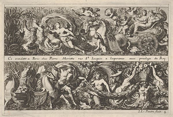 Two Designs for Frieze Decorations with Sea Creatures, of which one with Neptune and Amphitrite, from: Frises, feuillages ou tritons marins antiques et modernes