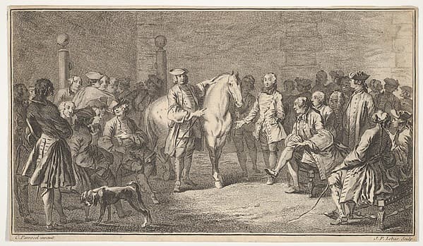 Standing men presenting a horse before a group of seated men