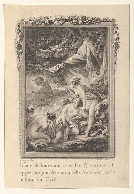 Vignette (Tome 1.er, page 200, lib. III, fab. 3), depicting Diana Turning Actaeon into a Stag, from Les Métamorphoses d'Ovide en Latin et en François de la traduction de M. l'Abbé Banier de l'Académie Royale des Inscriptions et Belles-Lettres. Avec des explications historiques. A Paris Chez Despilly rue saint Jacques à la croix d'or. MDCCLXVII. Avec Approbation et Privilège du Roi