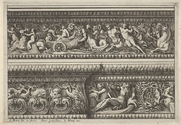 Two decorates Frieze Designs for Cornices, from: Frise pour les architraves, corniches et autres ornaments d'architecture