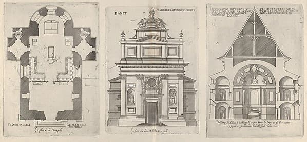 Floorplan, Facade and Cross Section of one of the Chapels at Chateau d'Anet, from "Les plus excellents bastiments de France"