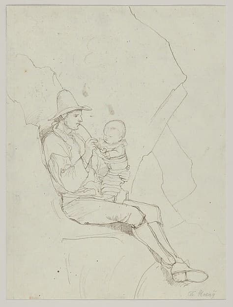 A Seated Italian Shepherd with a Small Child on his lap; verso: A Southern Landscape with a Woman Carrying a Jar on her Head