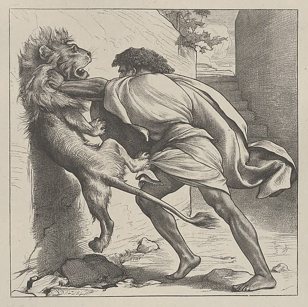 Samson and the Lion, from "Dalziels' Bible Gallery"