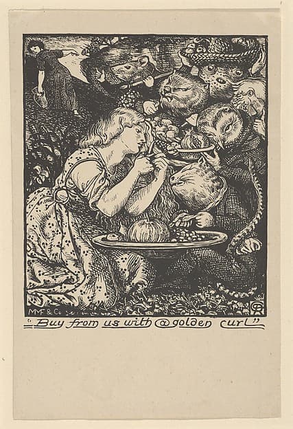 Buy from Us with a Golden Curl (frontispiece to "Goblin Market and other Poems" by Christina Rossetti)