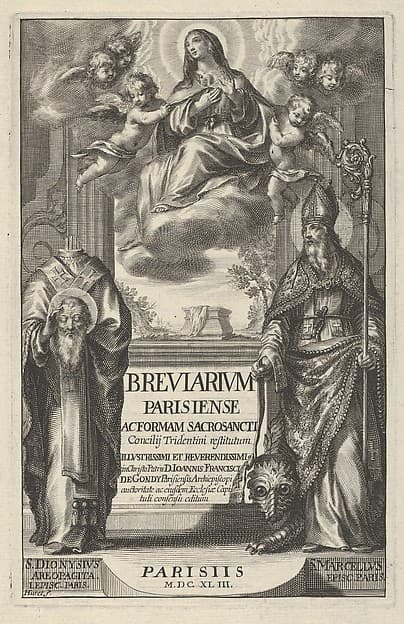 Frontispiece from "Breviarium Parisiense Ac Forman Sacro Sancti Concilij Tridentini restitutum Illvstrissimi et Reverendissimi in Christo Partis D. Joannes Francisci de Gondy...auctoritate...