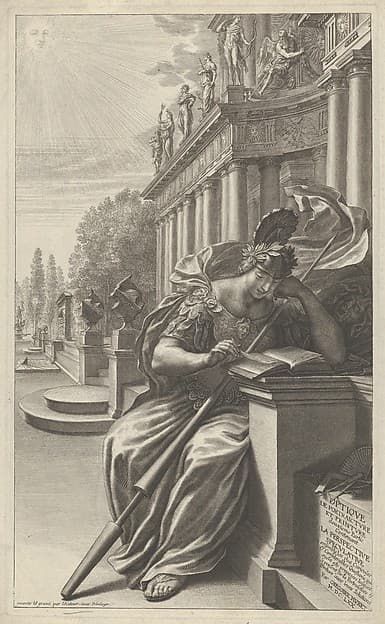 Title of the secont part of Optique de Portraiture et peinture [...]: "La Déesee des Arts lisant avec attention le traité d'optiqe de Grégoire Huret [...]
